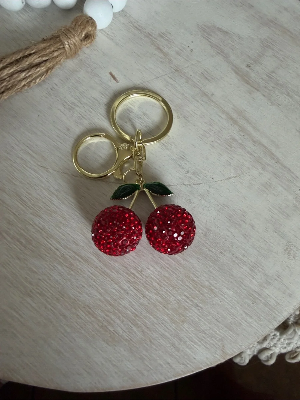 Gold Cherry Crystal Keychain - Red Cherry Charm
